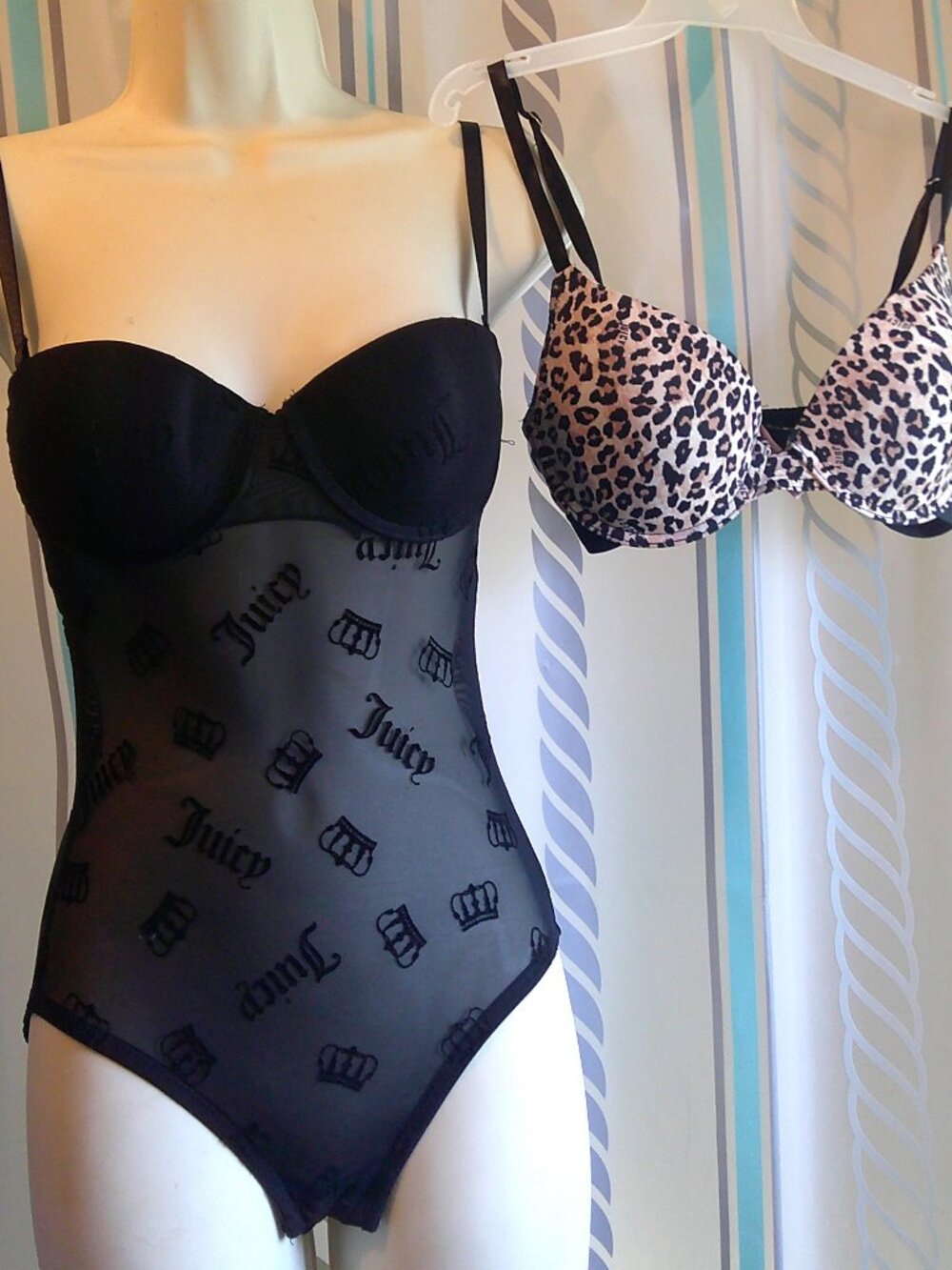 "Juicy Couture" 2-Pc Lot Signature Teddy Bodysuit + Push-Up Leopard BRA Sz S/34B